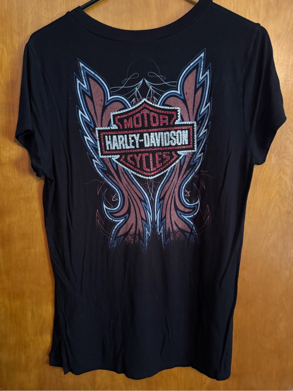 Harley-Davidson Black Short Sleeve Tee with Red & Blue Graphic Sparkle Bling